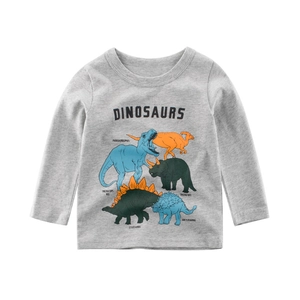 Boys Long Sleeve T-Shirt Cotton Cartoon Dinosaur Print Soft Round Neck Toddler Kids Spring Autumn Top Grey