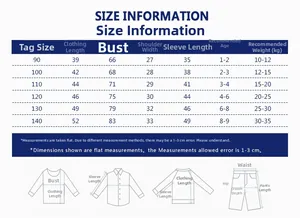 Detailed kids clothing size chart with measurements for age 1 to 9 years in cm and kg