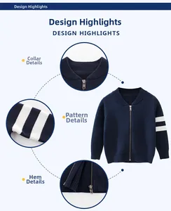 Detail view of navy knit cardigan showing zipper, neck line, and white sleeve stripes