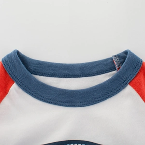 Boys' long-sleeve cotton T-shirt with red raglan sleeves and blue ribbed crew neck