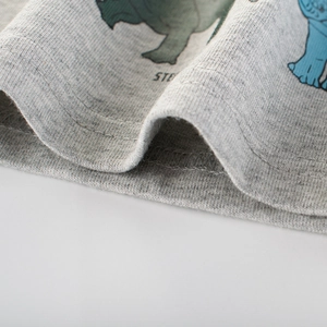 Gray cotton knit t-shirt for boys with colorful dinosaur prints and neat double-needle stitching