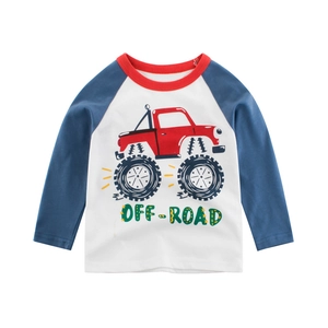 Kids long sleeve raglan T-shirt with red off-road truck print and blue sleeves