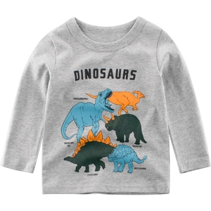 Gray long-sleeved cotton T-shirt for boys featuring colorful dinosaur illustrations