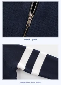Close-up of navy knit cardigan with premium metal zipper and white striped sleeve detail