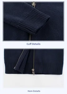 Close-up of metal zipper and ribbed cuffs on navy blue knitted children's cardigan