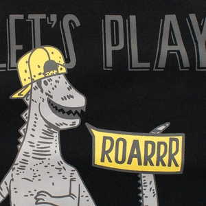 Black cotton T-shirt for boys featuring a cartoon dinosaur and Let's Play text print
