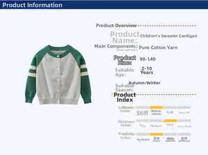 Detail view of cotton knitted kids cardigan with gray body and green striped sleeves