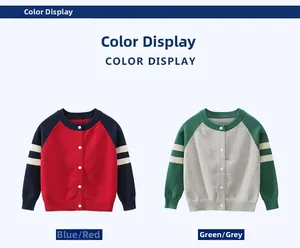 Detail view of boys' knitted cardigans in navy-red and grey-green with sleeve stripes