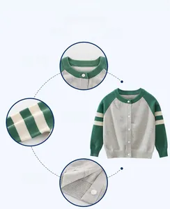 Detail shot of the ribbed neckline, striped raglan sleeves and hem of the knit cardigan