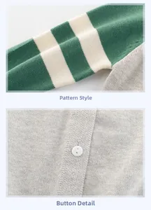 Detail of green and white striped knit sleeves and grey texture with a white button