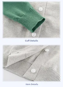 Detail view of ribbed cuffs and hem on green and grey knit cardigan with white buttons