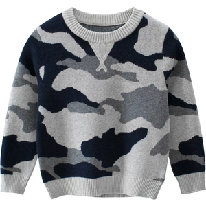 Kids long sleeve camouflage knit sweater with ribbed cuffs in blue and grey tones