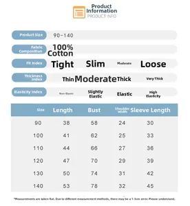 Size chart for cotton dinosaur t-shirt showing measurements for ages 90 to 140 cm