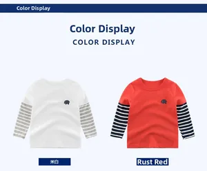 Detail of kids long sleeve cotton t-shirts with striped sleeves and elephant embroidery