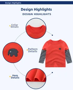 Detail view of cotton kids T-shirt with red body, striped sleeves and elephant patch