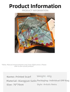 Detailed specs of the 70x70cm vintage floral silk scarf made of Xiangyun satin