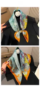 Detail of silk-like scarf featuring tropical flora and geometric prints in vivid colors