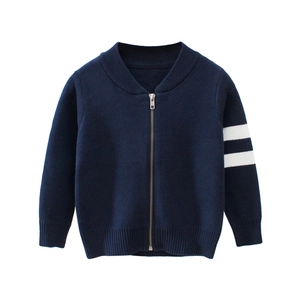Kids Knitted Cardigan Sweater Jacket Pure Cotton Full Zip Long Sleeve Striped Ribbed Trim Casual Outerwear Boys Girls