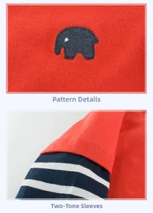 Detail view of red cotton shirt featuring elephant embroidery and striped layered sleeves