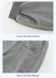 Detail view of grey cotton kids joggers featuring yellow stitching and back square pocket