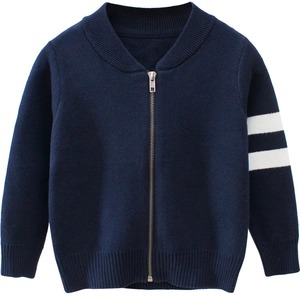 Navy blue children's knitted cardigan with white arm stripes and silver front zipper