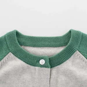 Gray color block boys' knitted cardigan with green ribbed neck and white button