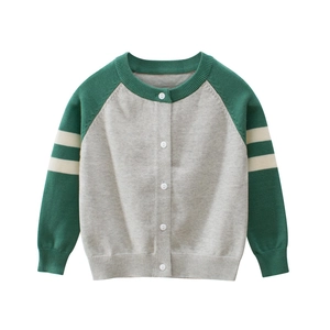 Classic kids knit cardigan in grey and green color block with varsity white sleeve stripes