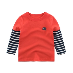 Kids Long Sleeve T-Shirt Cotton Layered Design Striped Sleeve Elephant Embroidery Crew Neck Toddler Top