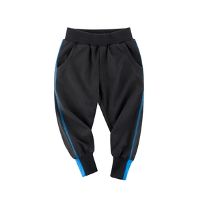 Kids black sports joggers with elastic waist and blue side stitching details