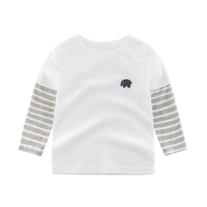 Kids long sleeve cotton T-shirt with white body and grey striped sleeves and elephant patch