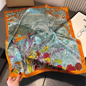 Silk-like 70cm square scarf with vintage floral print and iconic orange border