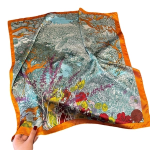 70cm faux silk square scarf with vintage floral city print and orange border detail