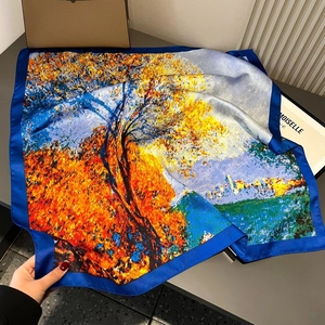 Artistic oil painting print square silk scarf with bold blue border and autumn tree design
