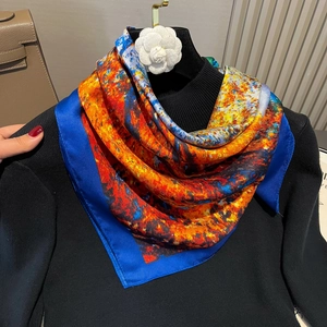 Vintage oil painting print silk square scarf styled over a black turtleneck sweater
