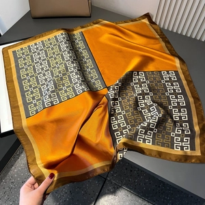Elegant 70cm silk-like square scarf in ginger and brown with geometric pattern