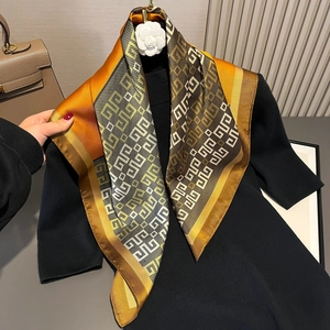 Silk feel square scarf with FF geometric pattern in orange and beige tones