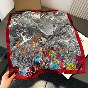 French retro 70cm silk satin scarf with vibrant botanical print and red borders