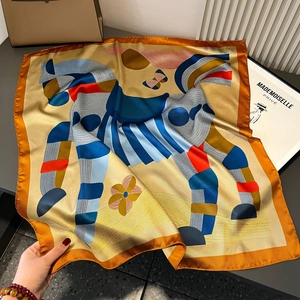 70cm satin scarf featuring colorful jumping horse print and vibrant orange edges