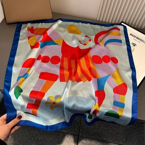 70cm satin silk scarf with colorful jumping horse print and bright blue rolled edges