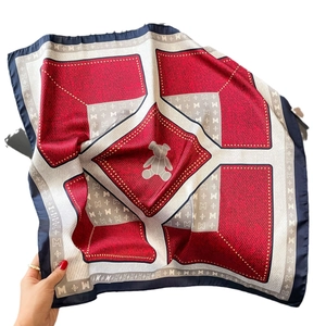 70cm satin square scarf with red, white, and blue teddy bear and letter M print pattern