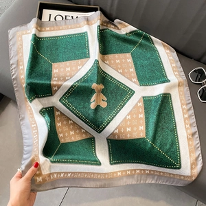 Elegant 70cm silk-like square scarf featuring teddy bear print and letter patterns