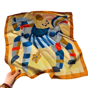 70cm satin square scarf featuring geometric horse prints in orange, blue, and red tones