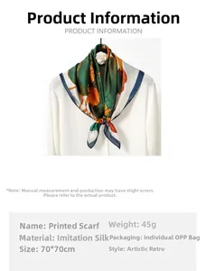Detail of 70cm imitation silk square scarf featuring retro green ginkgo floral prints