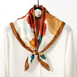 70cm ginkgo floral silk satin scarf for women tied elegantly on a white professional shirt