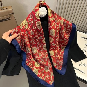 Vintage Floral Print Satin Square Scarf Women Fashion Simulated Silk Necktie Elegant Ethnic Style Headscarf Foulard Neckerchief
