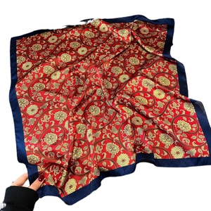 Vintage red and gold floral satin neck scarf with deep blue border detail