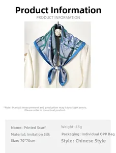 Close-up of 70cm teal faux silk square scarf with elegant floral orchid pattern