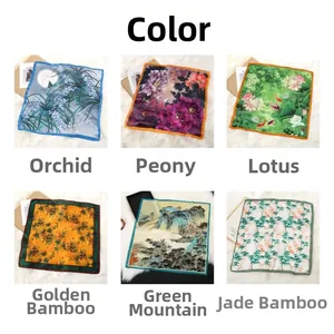 Detail view of six floral Chinese style silk scarves with elegant artistic prints