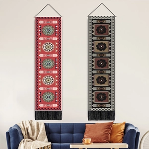 Tapisserie Murale Bohème Coton Lin Mandala Imprimé Floral Longue Peinture Décorative Avec Franges Et Tige En Bois