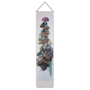 Wandteppich mit magischen Pilz-Illustrationen, Holzrahmen und dekorativem Vintage-Stil